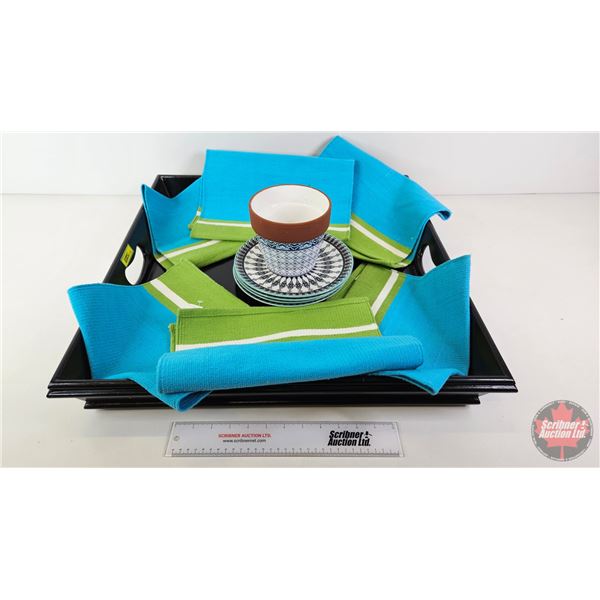 Combo: Place Mats; "NOW Designs" Plates (4); Plant Pot; Wooden Tray (Tray Measures: 4"H x 23-3/4"W x