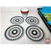 Image 2 : Combo: Place Mats; "NOW Designs" Plates (4); Plant Pot; Wooden Tray (Tray Measures: 4"H x 23-3/4"W x
