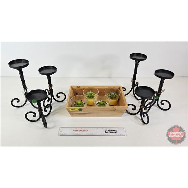 Décor Grouping : Wrought Iron Candle Holders (6) & Fragrance Candles (4) & Wood Box (Tallest Candle 