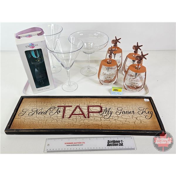 Drinking Theme Combo: Wood Wall Décor Sign "I Need to TAP My Inner Keg"; Drink Glasses (3); Flirty &