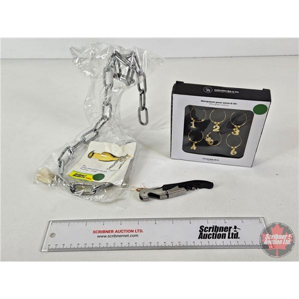 Combo: Chain Wine Bottle Holder; VinoLife Cork Screw; Wine Glass Charms