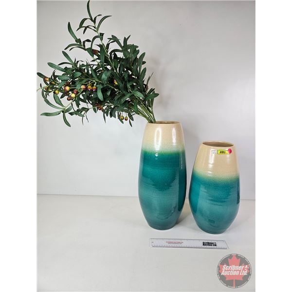 Two-Tone Glazed Potter Vases & Artificial Greenery (Tallest Measures: 19-3/4"H)