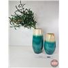 Image 1 : Two-Tone Glazed Potter Vases & Artificial Greenery (Tallest Measures: 19-3/4"H)