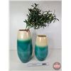 Image 4 : Two-Tone Glazed Potter Vases & Artificial Greenery (Tallest Measures: 19-3/4"H)