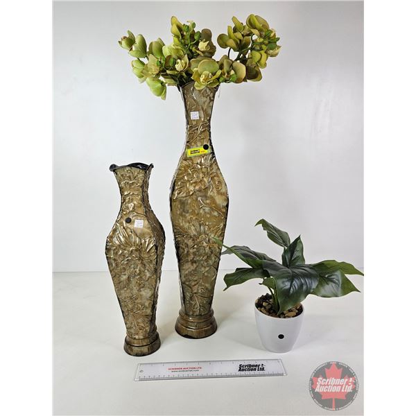 Décor Tin Vases with Artificial Greenery + Small Artificial Potted Plant (Note: Tin Vases have Weigh