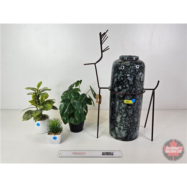 Décor Combo: Iron Deer Vase Holder & Large Ceramic Vase & 3 Small Artificial Potted Plants (Deer Mea