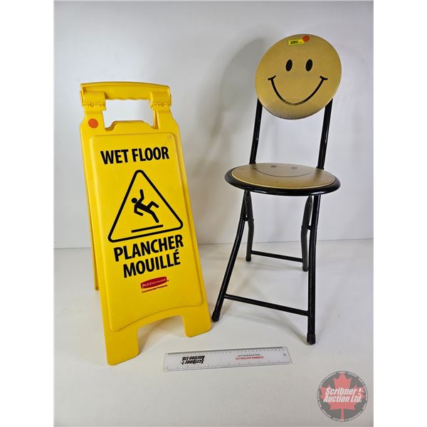 Combo: Happy Face Folding Chair & Wet Floor Caution Sign