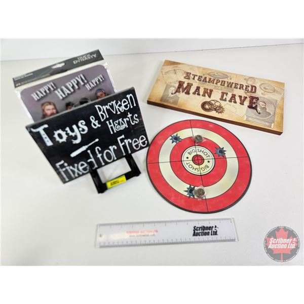 Combo : Big Shot Magnetic Dart Board ; Steampowered Man Cave Sign ; Toys & Broken Hearts Sign ; Duck