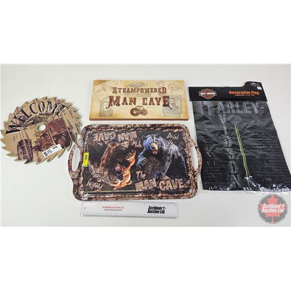 Man Cave Combo : Harley Davidson Flag ; Steampowered Man Cave Sign ; Man Cave Bear Tray ; Welcome Si