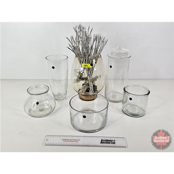 Glass Vases (6) c/w Light Up Decorative Branches  (Tallest Vase Measures : 10"H)