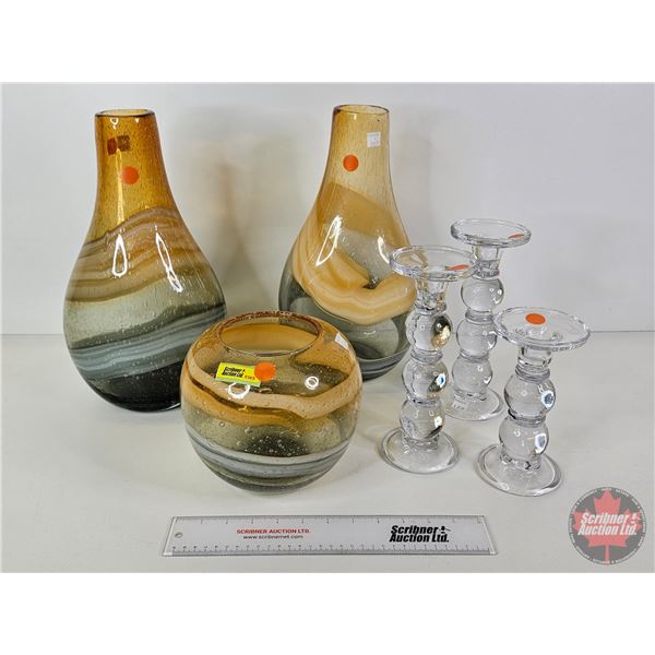 Blown Glass Vases (3) & Glass Candle Stick Holders (3) (Tallest Vase Measures : 14-1/2"H)