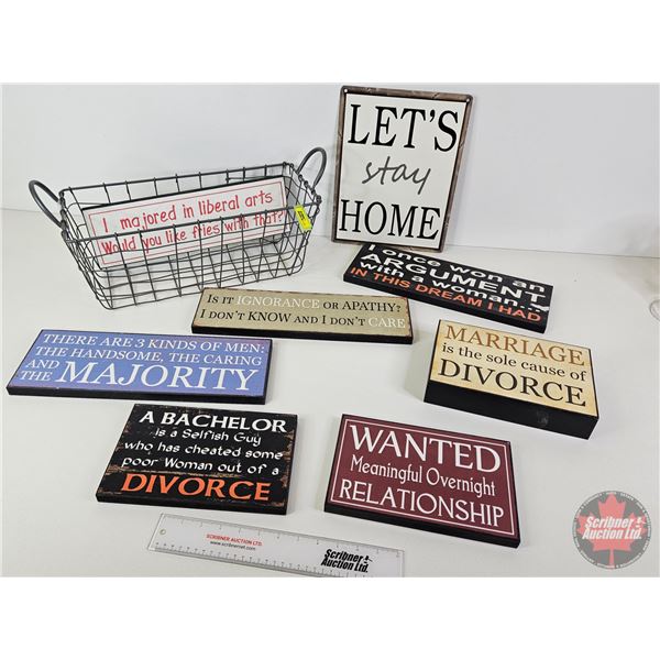 Wire Basket Lot w/Novelty Wooden Signs (8) (Basket Measures : 9"H x 20-1/2"W x 8"D)