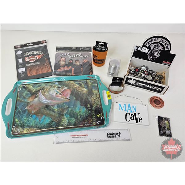 Combo : Fish Tray ; Harley Davidson Gift Package ; Sons of Anarchy Buttons ; Man Cave Sign ; Duck Dy