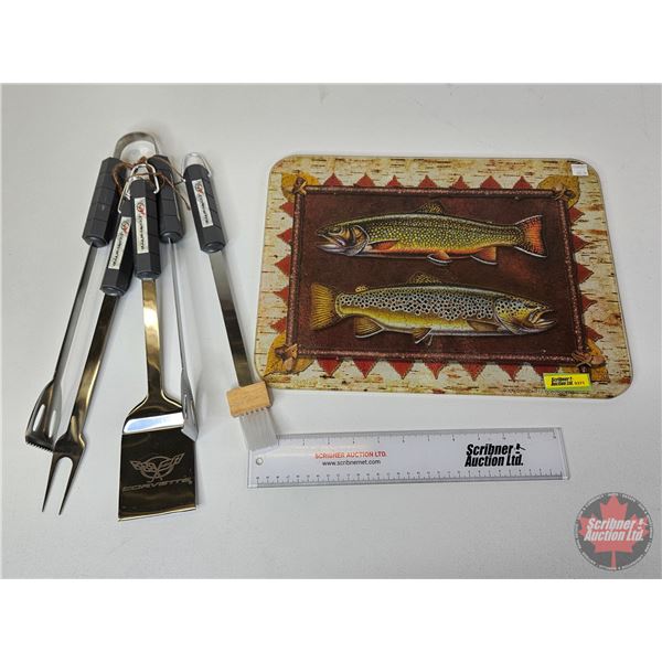 Combo : Glass Trout Cutting Board & Corvette BBQ Set  (Board Measures : 12"W x 16"L)