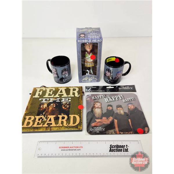 Duck Dynasty Combo : Coffee Cups ; Kay Robertson Bobblehead ; Fear the Beard Sign & Mousepad