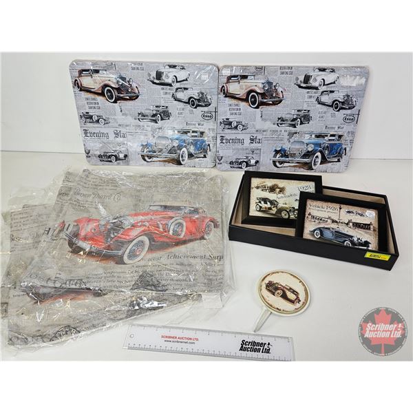 Vintage Car Combo : Pillow Cases (3) ; Hardboard Place Mats (8) ; Signs (2) & Coat Hook