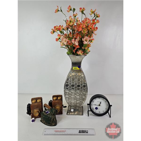 Combo : Large Tin Vase w/Artificial Flowers ; Desk Clock (Batt Op) & Décor Ornaments (Box Phones & I