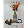 Image 1 : Combo : Large Tin Vase w/Artificial Flowers ; Desk Clock (Batt Op) & Décor Ornaments (Box Phones & I
