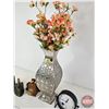 Image 4 : Combo : Large Tin Vase w/Artificial Flowers ; Desk Clock (Batt Op) & Décor Ornaments (Box Phones & I