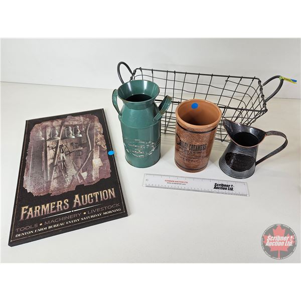 Farmers Décor Combo : Canvas Print ; Vases (3) & Wire Basket (Canvas Measures : 20"H x 12"W)