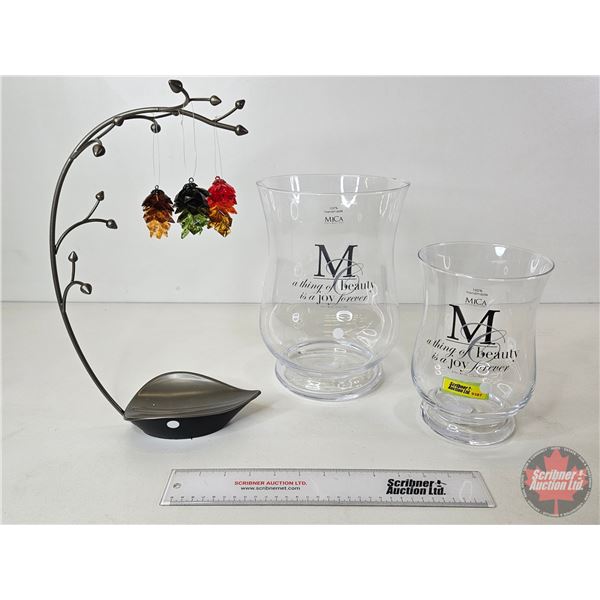 Clear Glass Vases  (2) MICA DECORATIONS "a thing of beauty is joy forever" & Store Ornament Display 