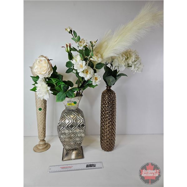 Tall Vase Lot w/Artificial Flowers  (Note : Tin (2) & Glass)  (Tallest Vase Measures : 23"H)