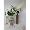 Image 1 : Tall Vase Lot w/Artificial Flowers  (Note : Tin (2) & Glass)  (Tallest Vase Measures : 23"H)
