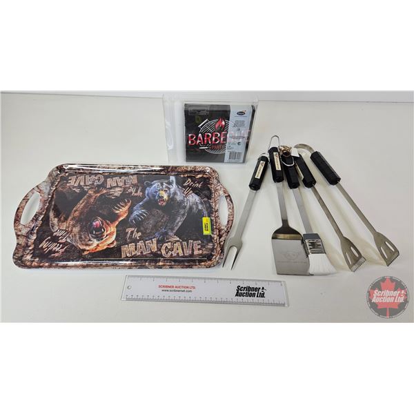 Combo : Man Cave Bear Tray ; Corvette BBQ Set & Napkin/Candle Set (Tray Measures : 11-3/4"W x 19"L)