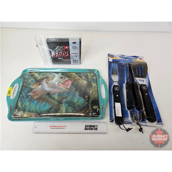 Combo : Fish Tray ; Calgary Flames BBQ Set & Napkin/Candle Set (Tray Measures : 11-3/4"W x 19"L)