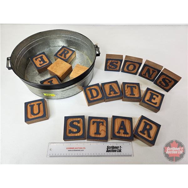 Décor Letter Blocks (18pcs) & Tin Basin  (Basin Measures : 14-1/2" Dia)