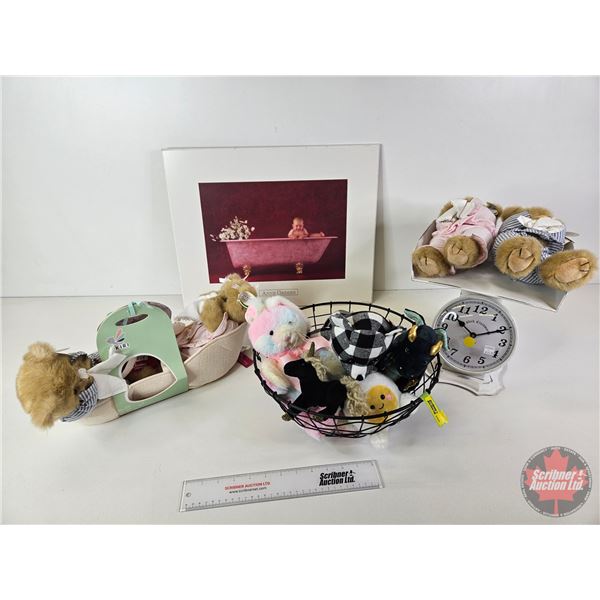 Combo : Plush Toys (9); Anne Geddes Hardboard Print ; Baby Scale Style Clock  (Hardboard Measures : 