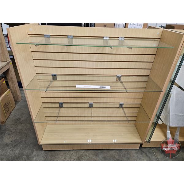Maple Melamine Slatwall H-Gondola Display Merchandiser on Castors c/w 5 Glass Shelves (54-1/2"H x 49
