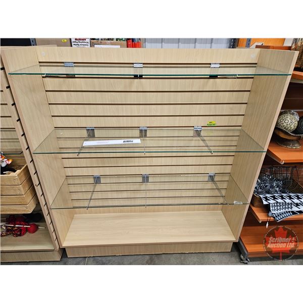 Maple Melamine Slatwall H-Gondola Display Merchandiser on Castors c/w 3 Glass Shelves (54-1/2"H x 49