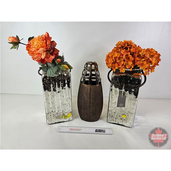 Glass Vases (3) w/Artificial Flowers  (Tallest Vase : 14"H)