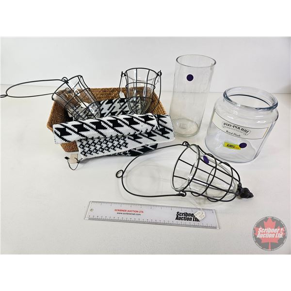 Home Décor Combo (7) : Hanging Vases (3) ; Basket ; Scarf ; etc (Basket Measures : 5"H x 14"W x 10"D