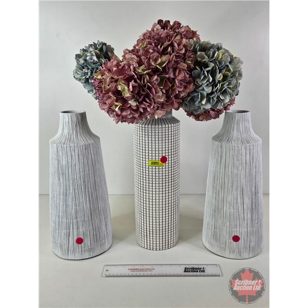 Large White Resin Vases w/Artificial Flowers (Tallest Vase : 16-1/2"H)