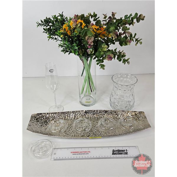 Home Décor Combo : Flower Abbott Floats (5) ; Vases (2) ; Champagne Flute ; Artificial Flowers & Tra