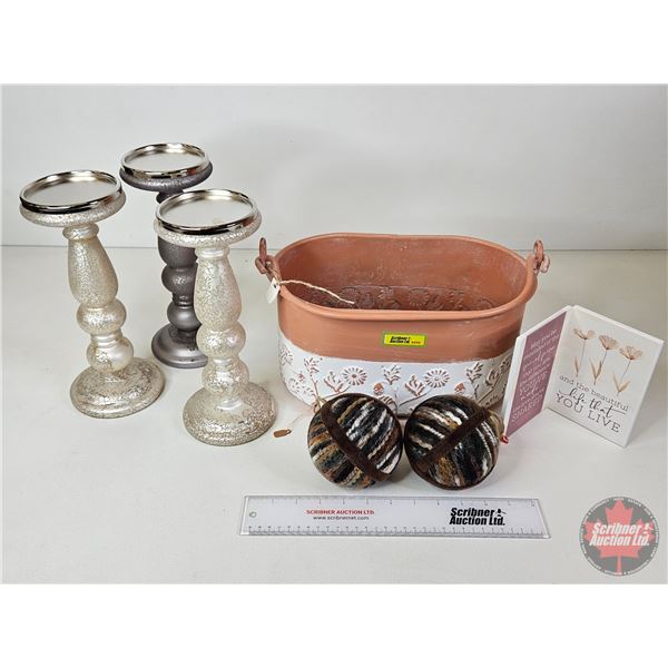 Home Décor Combo (7pcs) : Candle Stick Holders (3) ; Décor Balls; Tin Planter Pot ; etc (Planter Mea