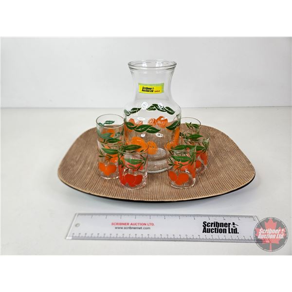 Glass Juice Pitcher & Cups : Oranges Motif c/w Décor Tray