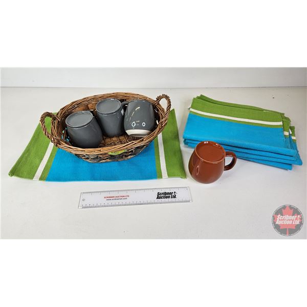 Home Décor Combo : Basket w/Stoneware Mugs & Lids/Coasters & Placemats (7)