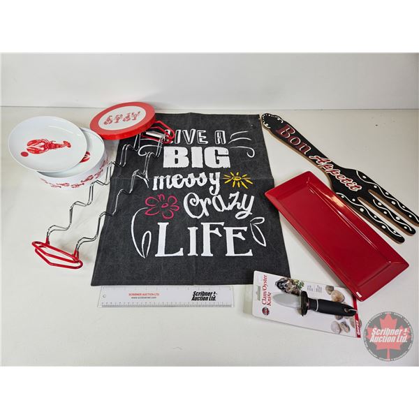 Kitchen Décor Combo : Lobster Plates, Taco Holders, Clam/Oyster Knife, Bon Appetite Sign, etc