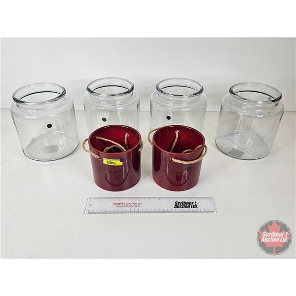 Red Hanging Plant Pots (2) & Clear Glass Jars (4) (Clear Jars Measure : 7-1/2"H)