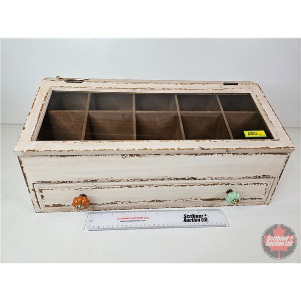Vintage Style Wooden Tea Bag Organizer w/Drawer (Measures : 10"H x 22"W x 9"D)