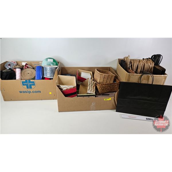 Gift Wrapping Materials : Ribbon, Wicker Baskets, Trays, Handled Paper Bags, etc