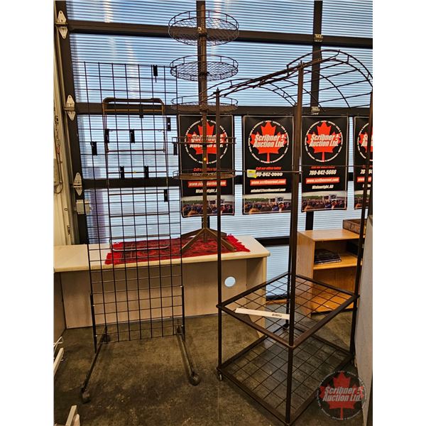 Store Display Wire Racks (4) (Black/Brown) :  - Arch - Flat Black w/Hooks  - 5 Tier Round  (Tallest 