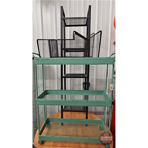 Home Décor Wire/Metal Racks (3) : Rolling Teal Cart, Counter Top Basket & 4 Tier Storage Rack (Talle