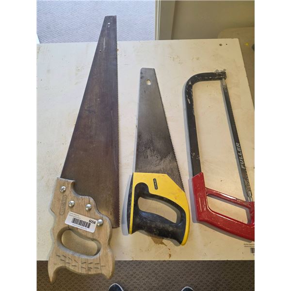 Three Saws Including Vintage Hand Saw, Modern Saw, and Hacksaw