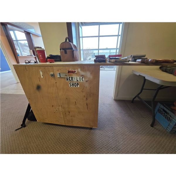 Wooden Rolling Cabinet With Shelving and Tools