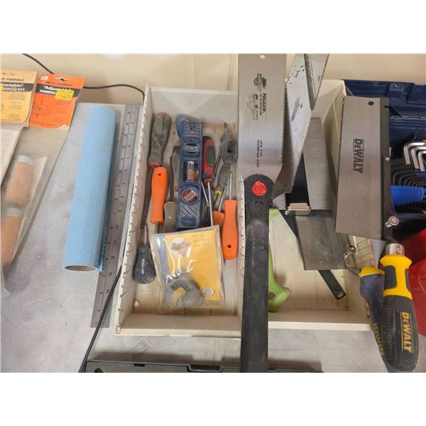 Hand Tools Including Saws, Screwdrivers, and Levels