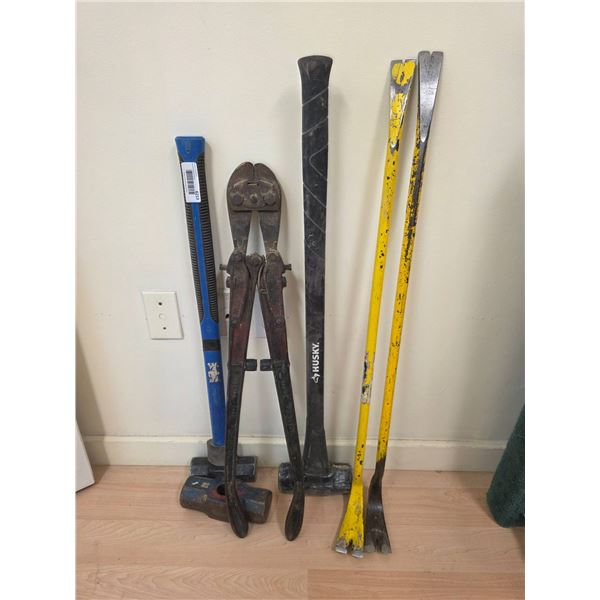 Heavy-Duty Tools Including Bolt Cutters, Crowbars, and Hammers